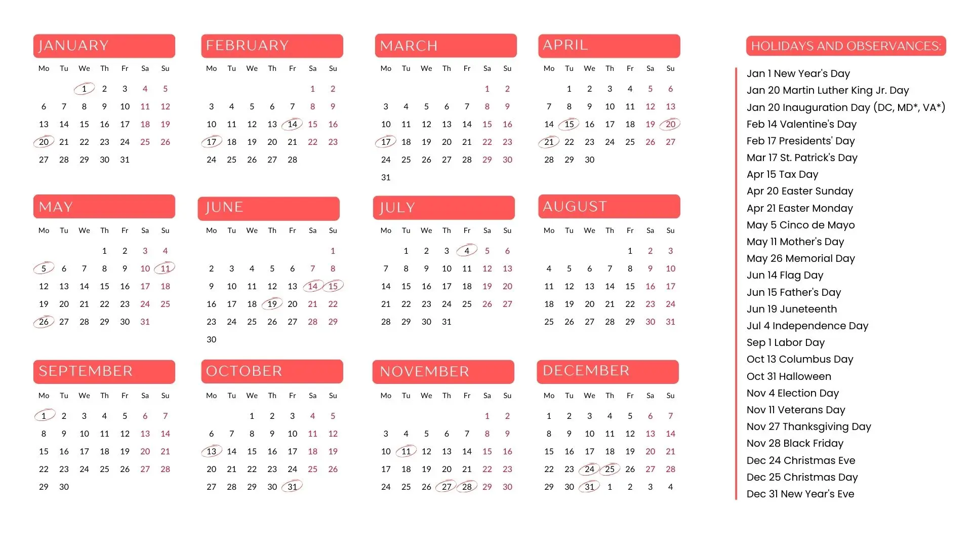 2025 calendar PDf with holidays USA